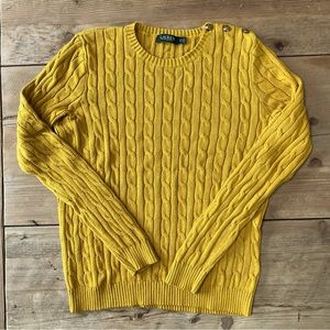 Lauren Ralph Lauren Mustard Cable Knit Brass Button Sweater Women’s Size XL